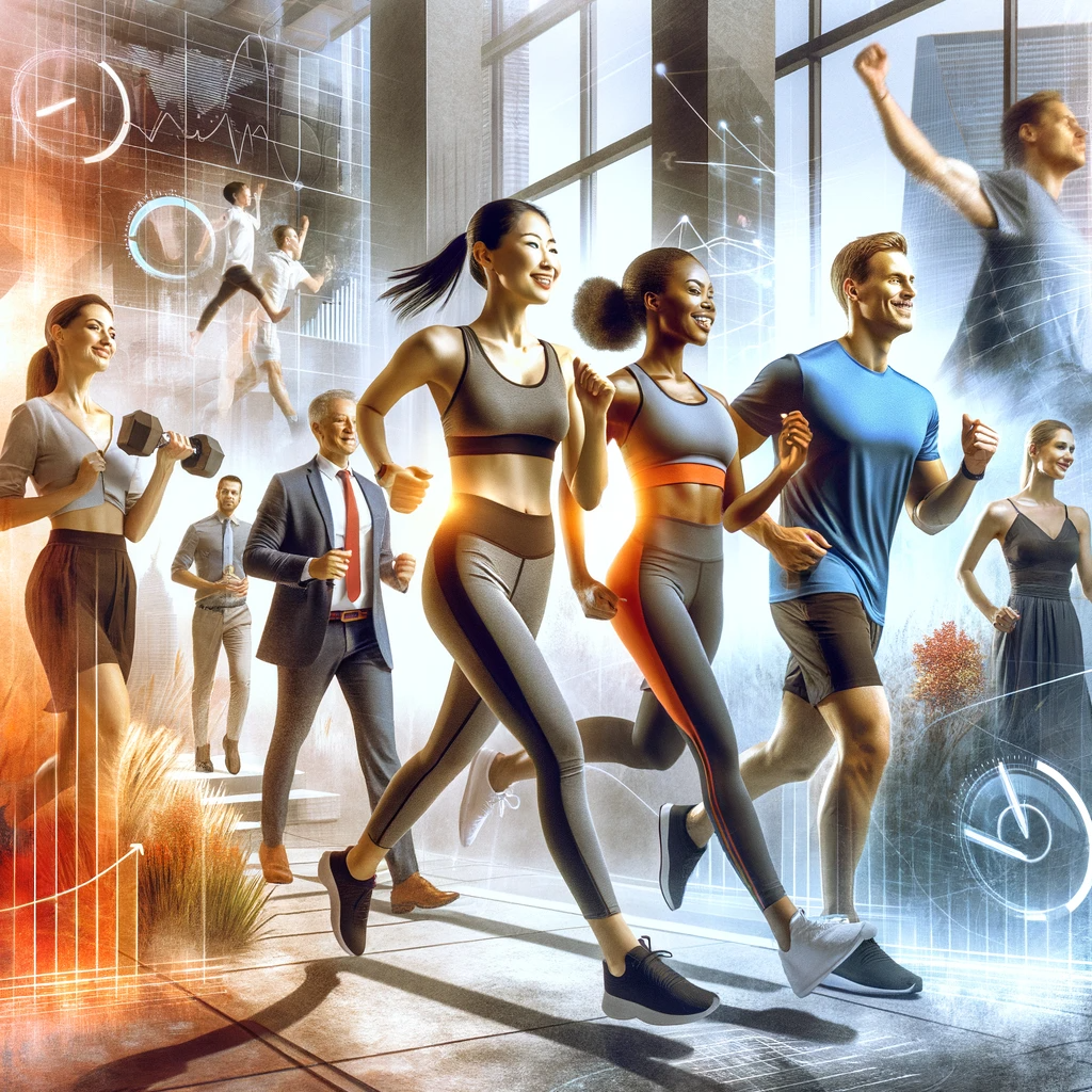 A diverse group of employees in professional and workout attire energetically running together through an urban setting, symbolizing the integration of exercise into their work-life balance.