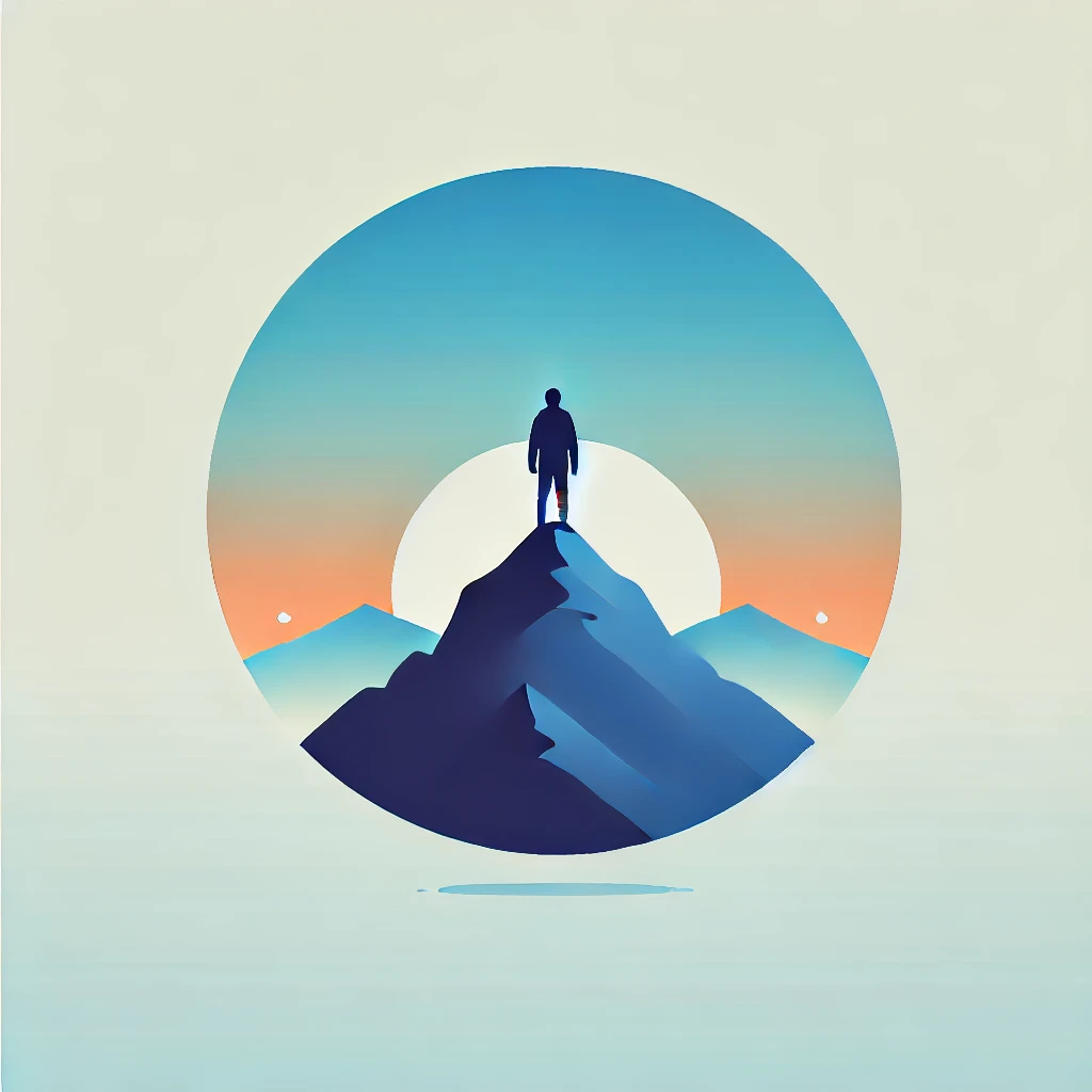 Silhouette of a person standing on a mountain peak at sunrise, symbolizing motivation and personal growth.